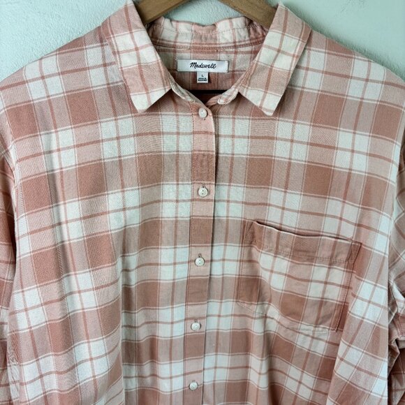 Madewell Large Peach Ivory Plaid Button Down Shirt 100 Cotton Relaxed Fit - Picture 3 of 6